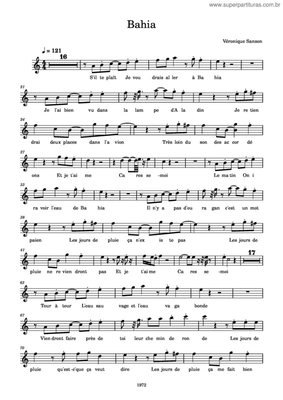 Partitura da música Bahia – Véronique Sanson Sanson Veronique – Bahia