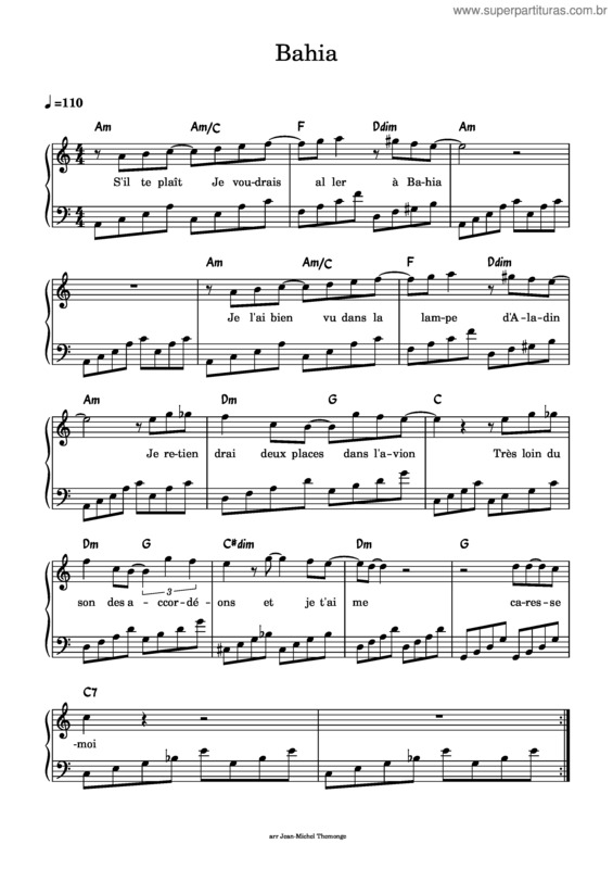 Partitura da música Bahia – Véronique Sanson