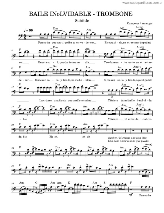Partitura da música Baile Inolvidable – Trombone