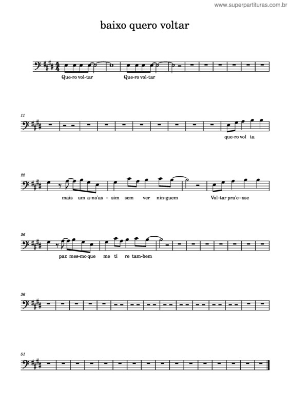 Partitura da música Baixo Quero Voltar