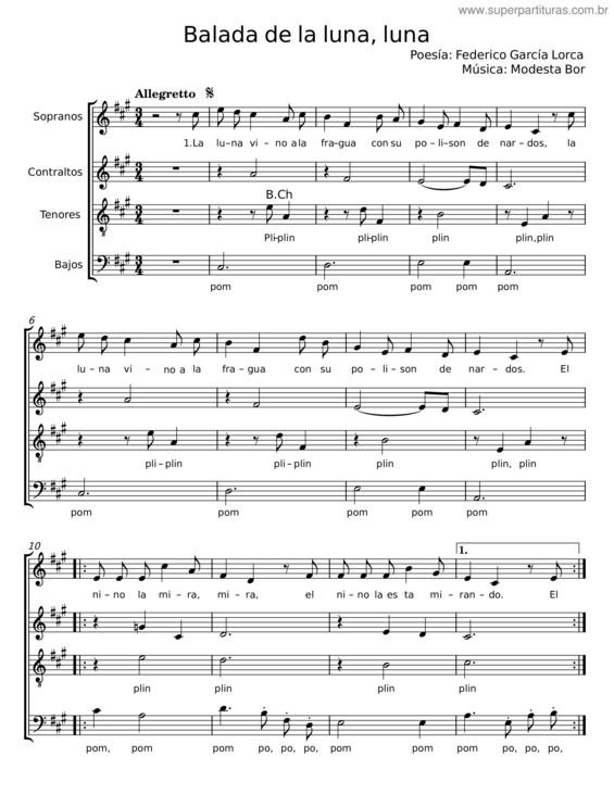 Partitura da música Balada De La Luna, Luna – Federico García Lorca