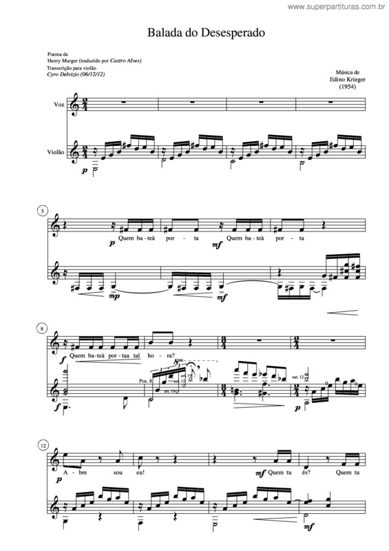 Partitura da música Balada do desesperado