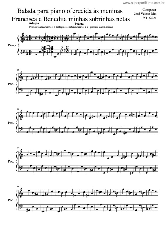 Partitura da música Balada Para Piano Oferecida As Meninas Francisca E Benedita  Minhas Sobrinhas Netas 8  11  2921