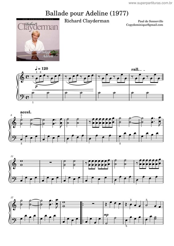 Partitura da música Ballade Pour Adeline – Richard Clayderman 1977