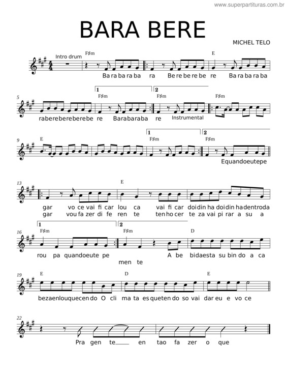 Partitura da música Bara Bere – Michel Teló