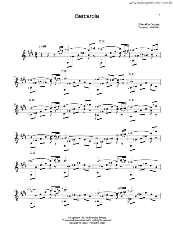 Partitura da música Barcarola