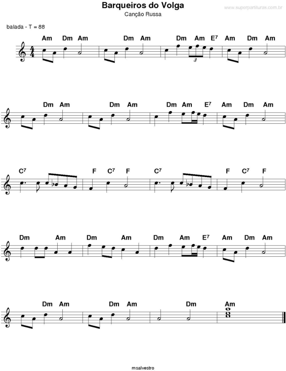 Partitura da música Barqueiros do Volga (Folclore Russo)