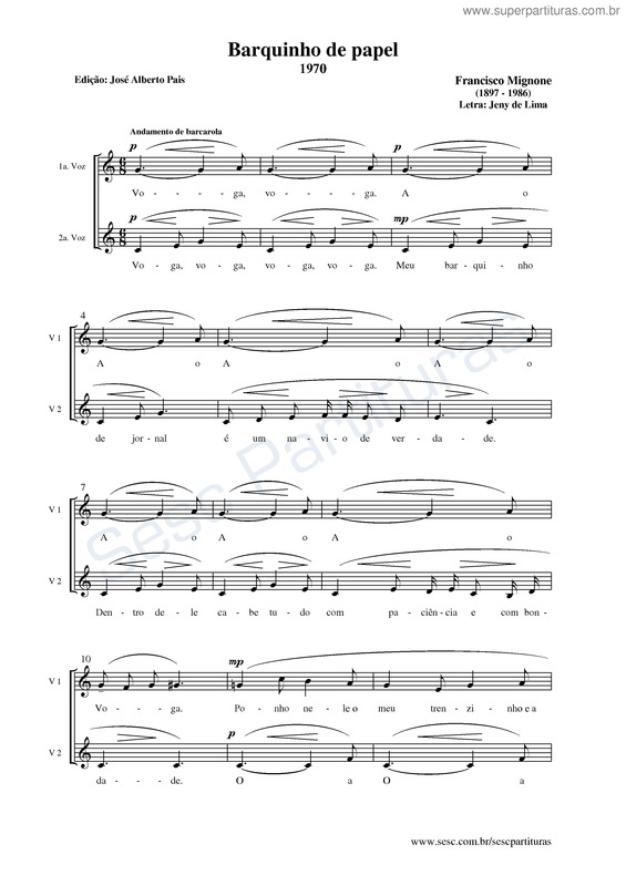 Partitura da música Barquinho de papel