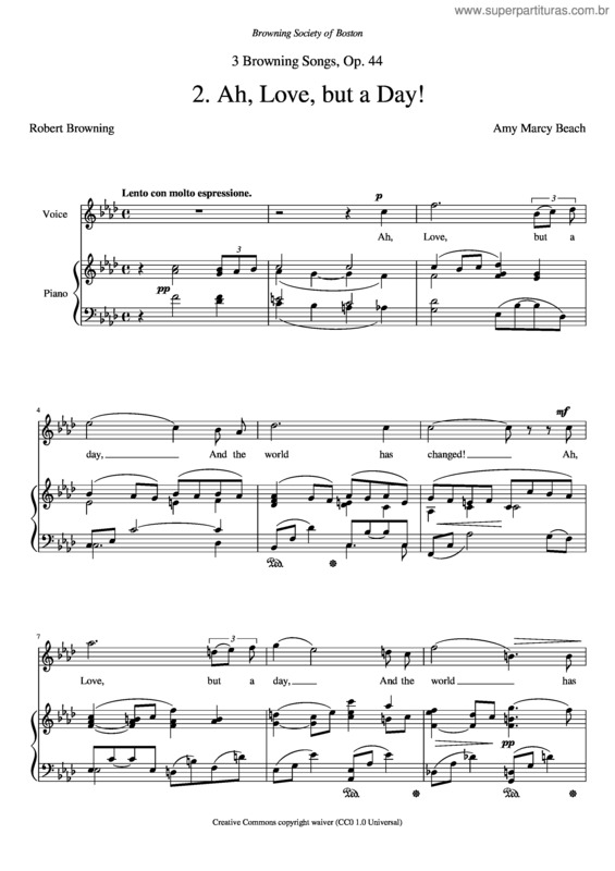 Partitura da música Beach Amy Marcy – 3 Browning Songs Op.44 No 2 – Ah Love But A Day