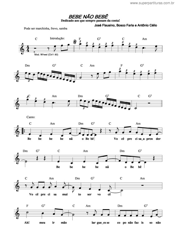 Partitura da música Bebe Não, Bebê