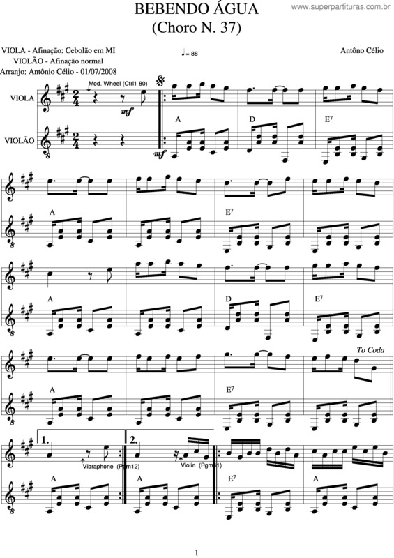 Partitura da música Bebendo Água