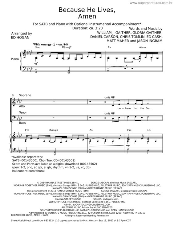 Partitura da música Because He Lives – Bill & Gloria Gaither