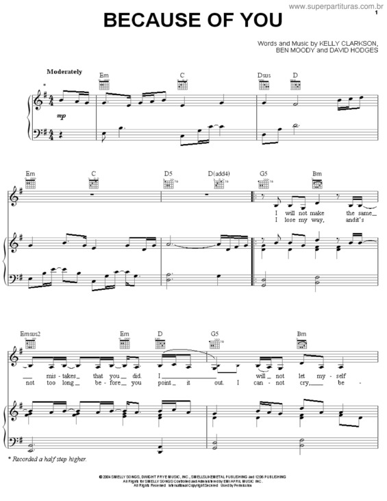 Super Partituras - Because Of You v.4 (Kelly Clarkson), com cifra