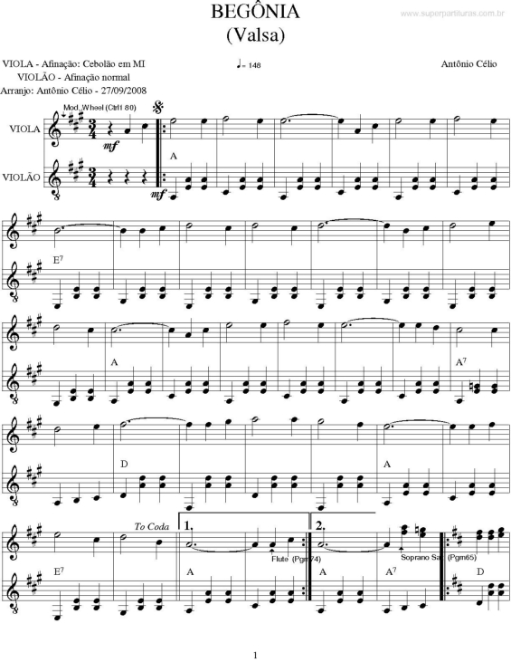 Partitura da música Begônia