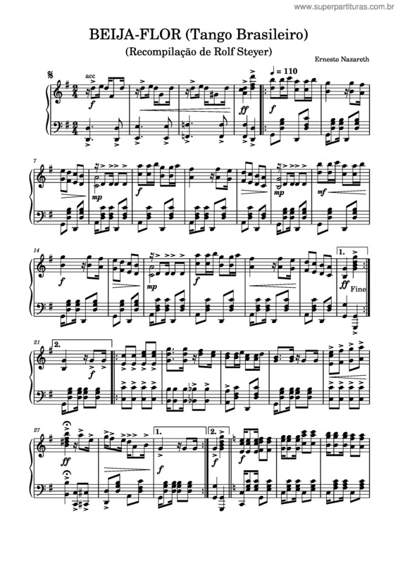Partitura da música Beija–Flor  Tango Brasileiro