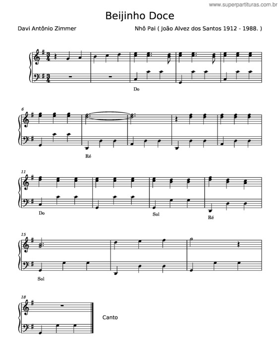 Partitura da música Beijinho Doce – Nhô Pai