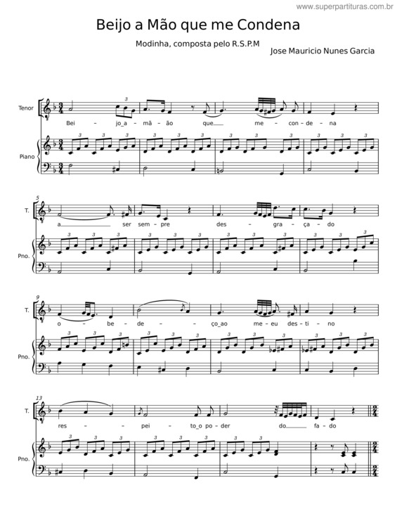 Partitura da música Beijo A Mão Que Me Condena – José Maurício Nunes Garcia
