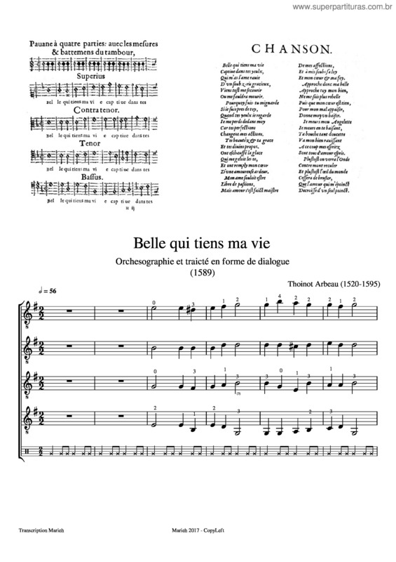 Partitura da música Belle Qui Tiens Ma Vie – Thoinot Arbeau