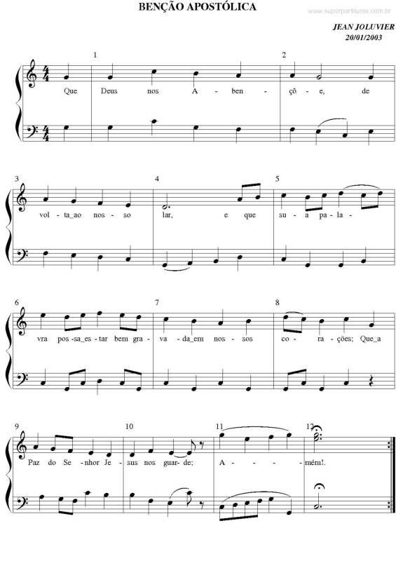 Partitura da música Bênção Apostólica