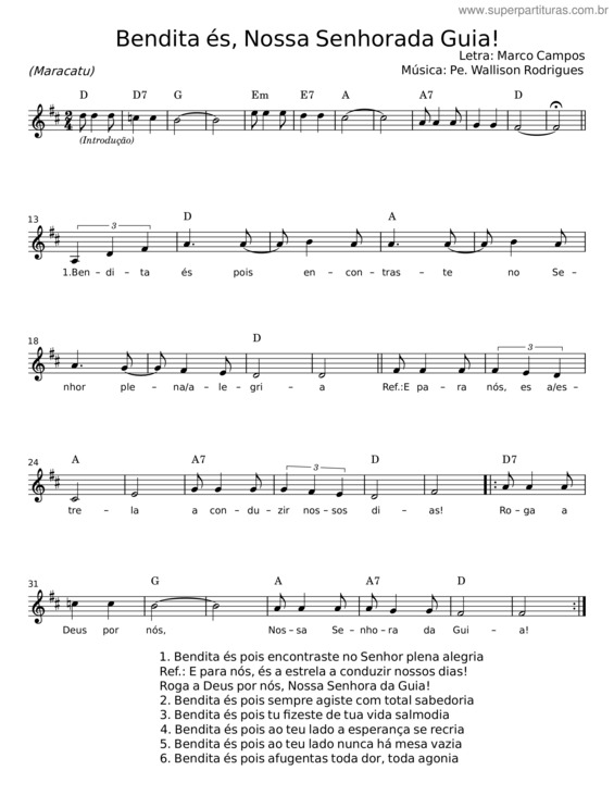 Partitura da música Bendita És, Nossa Senhora Da Guia