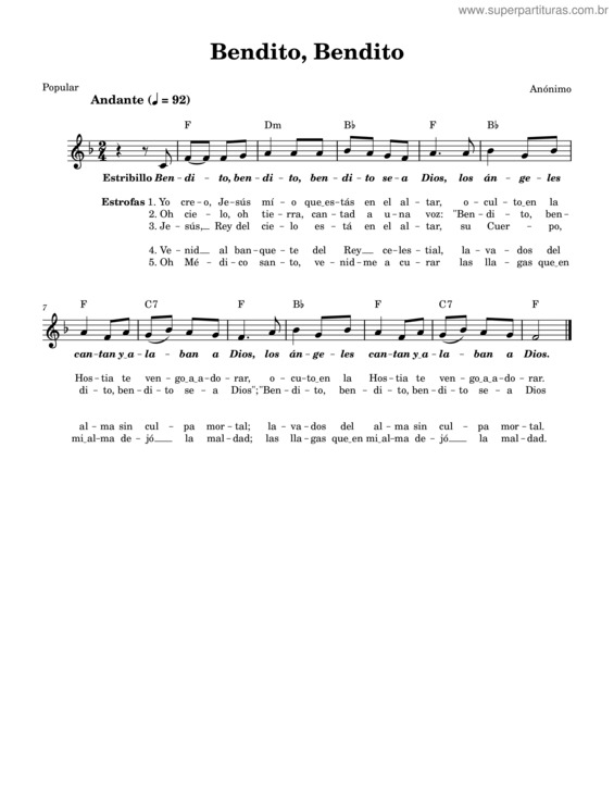 Partitura da música Bendito, Bendito  Canto Popular De Autor Anonimo
