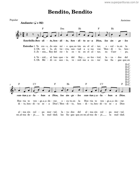 Partitura da música Bendito, Bendito