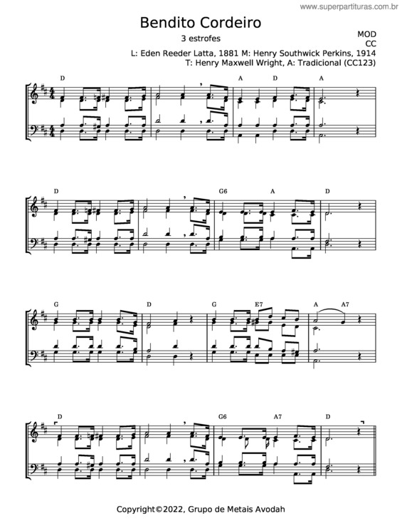 Partitura da música Bendito Cordeiro – Eden Reeder Latta