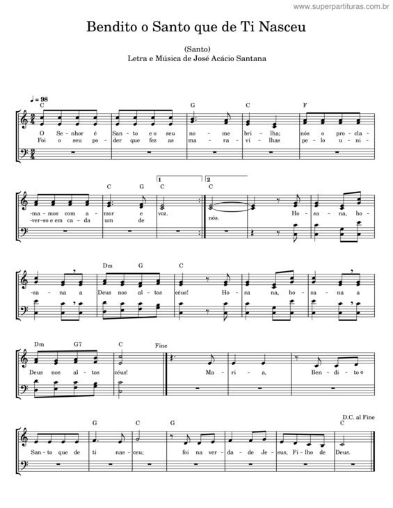 Partitura da música Bendito O Santo Que De Ti Nasceu – José Acácio Santana