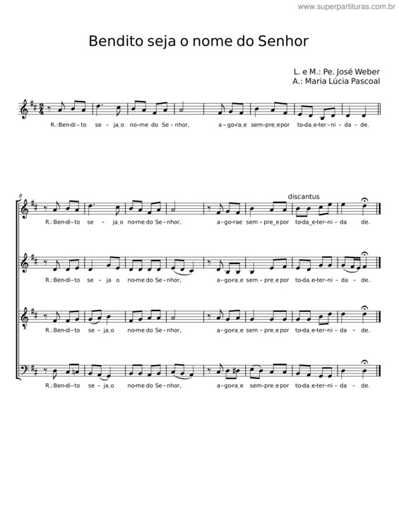 Partitura da música Bendito Seja O Nome Do Senhor – Pe. José Weber