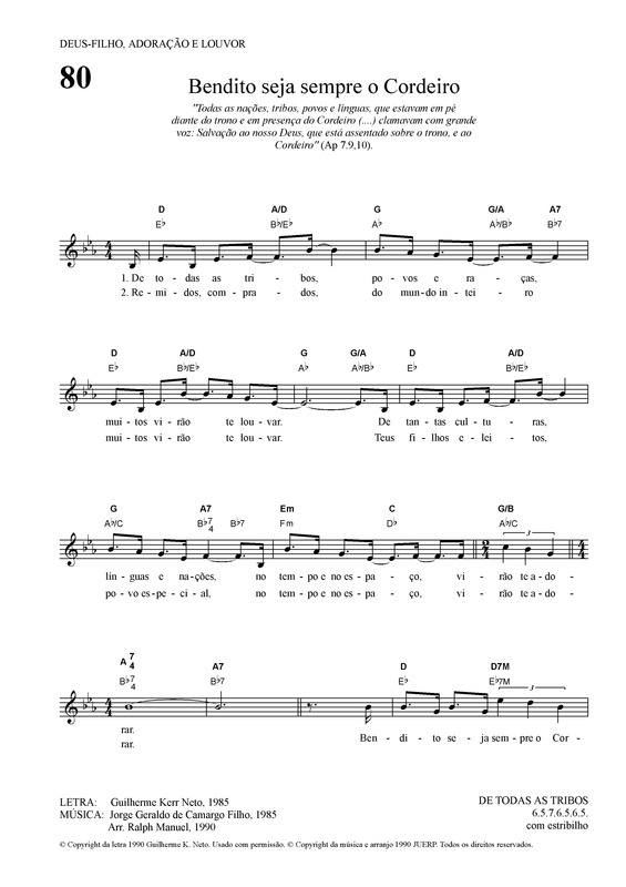 Partitura da música Bendito Seja Sempre O Cordeiro