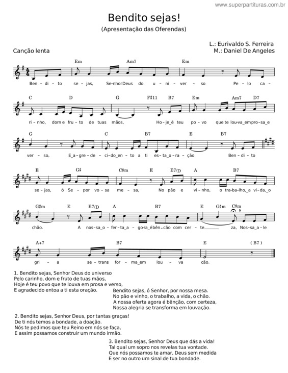 Partitura da música Bendito Sejas – Eurivaldo S. Ferreira