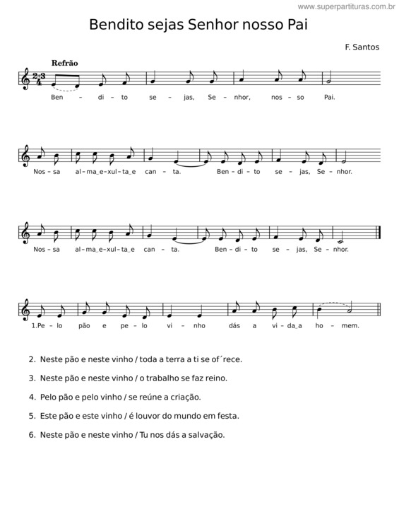 Partitura da música Bendito Sejas Senhor Nosso Pai – F. Santos
