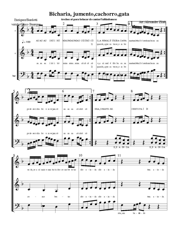 Partitura da música Bicharia Jumento Cachorro Gata