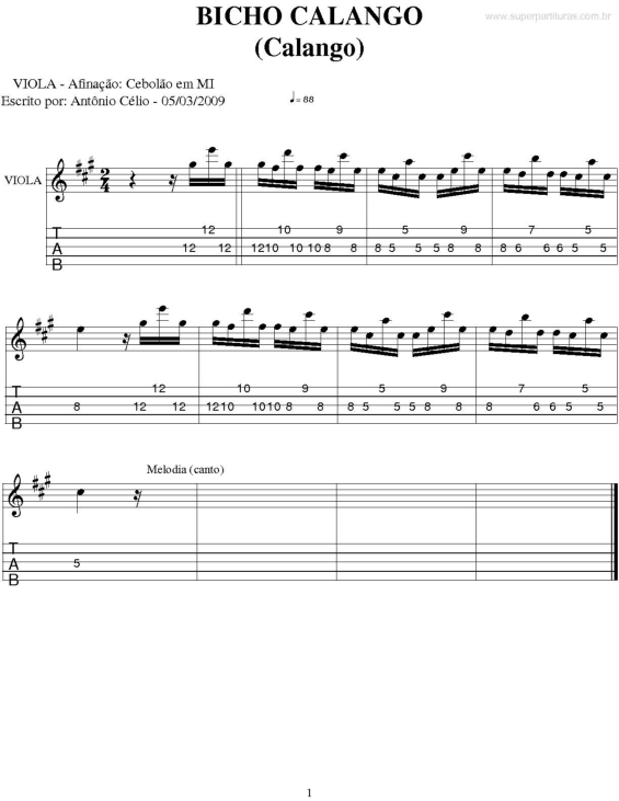 Partitura da música Bicho Calango