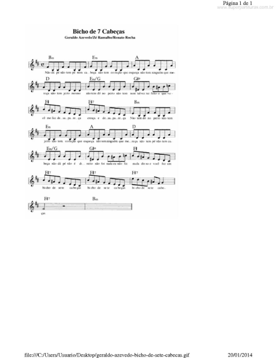 Partitura da música Bicho de Sete Cabeças