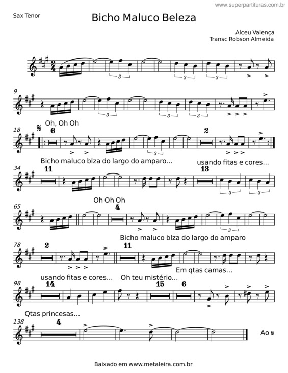 Partitura da música Bicho Maluco Beleza – Alceu Valença