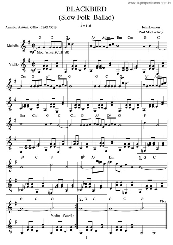 Partitura da música Blackbird v.6