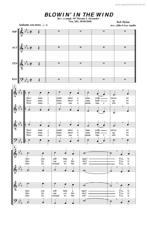 Partitura da música Blowin` In The Wind v.4