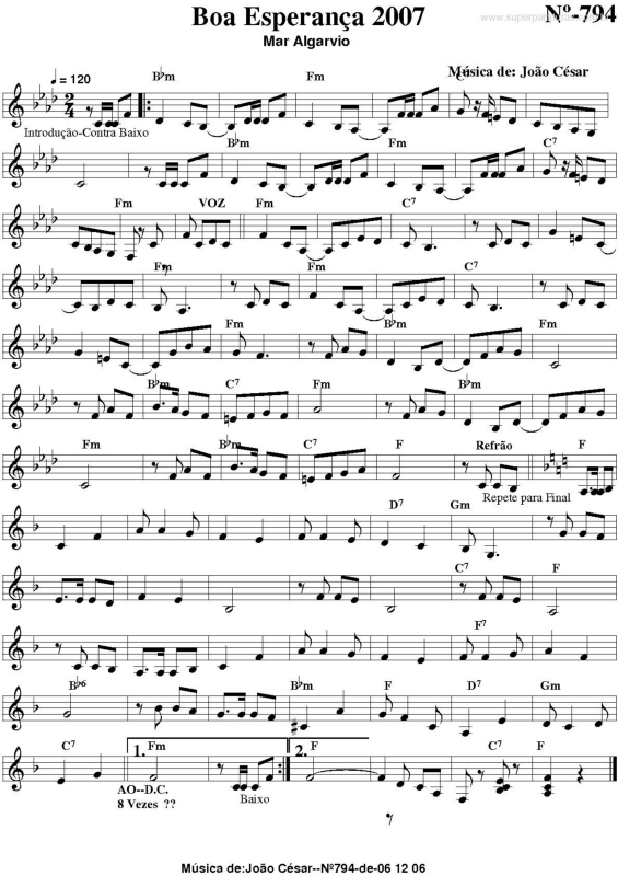 Partitura da música Boa Esperança 2007 v.2