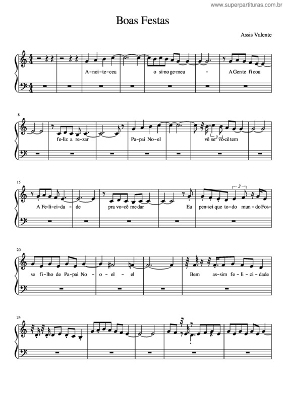 Partitura da música Boas Festas – Piano – Com Letra