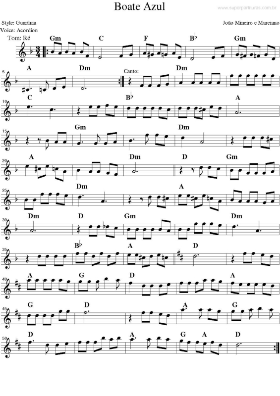 Partitura da música Boate Azul