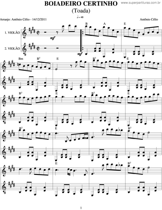 Partitura da música Boiadeiro Certinho