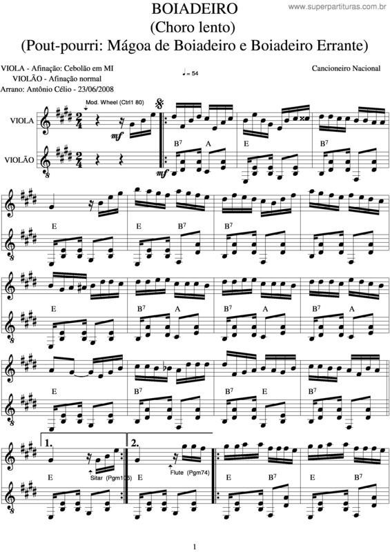 Partitura da música Boiadeiro v.2