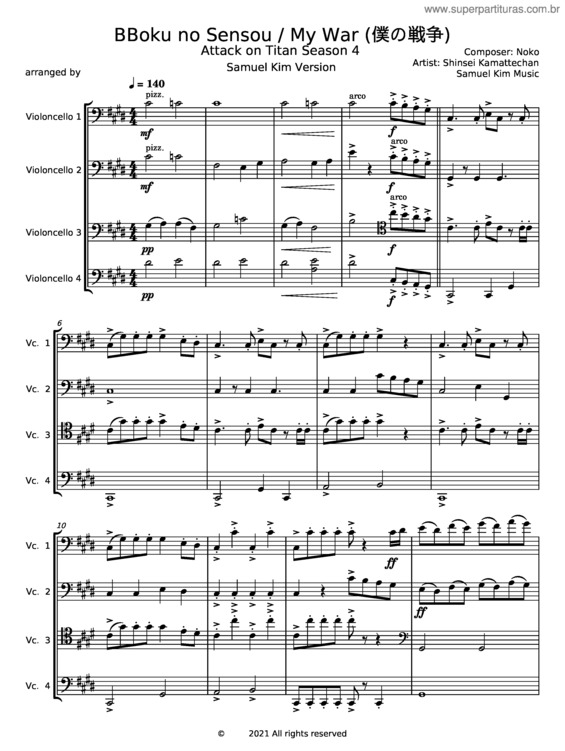 Partitura da música Boku No Sensou – Samuel Kim