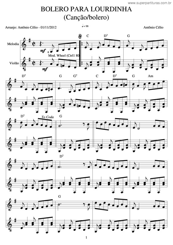 Partitura da música Bolero Para Loourdinha