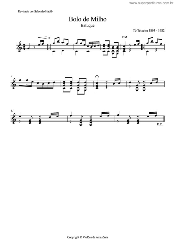 Partitura da música Bolo de milho