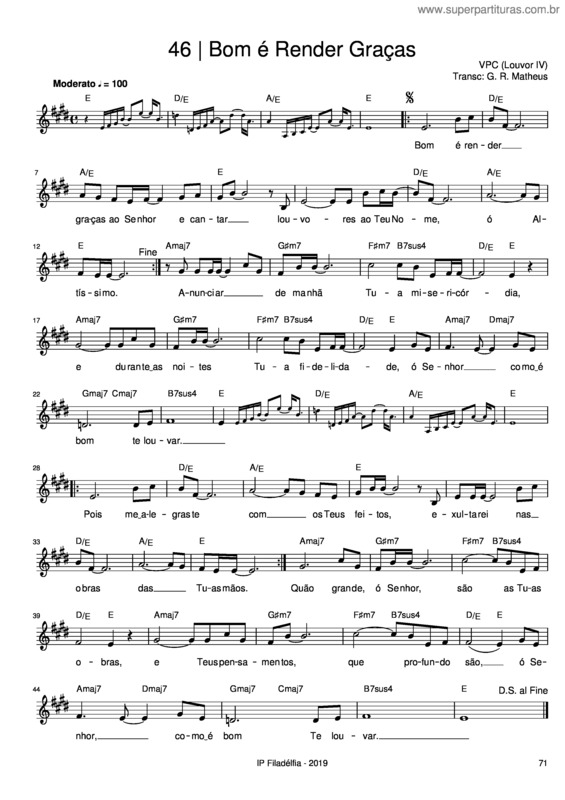 Partitura da música Bom É Render Graças – Vencedores Por Cristo