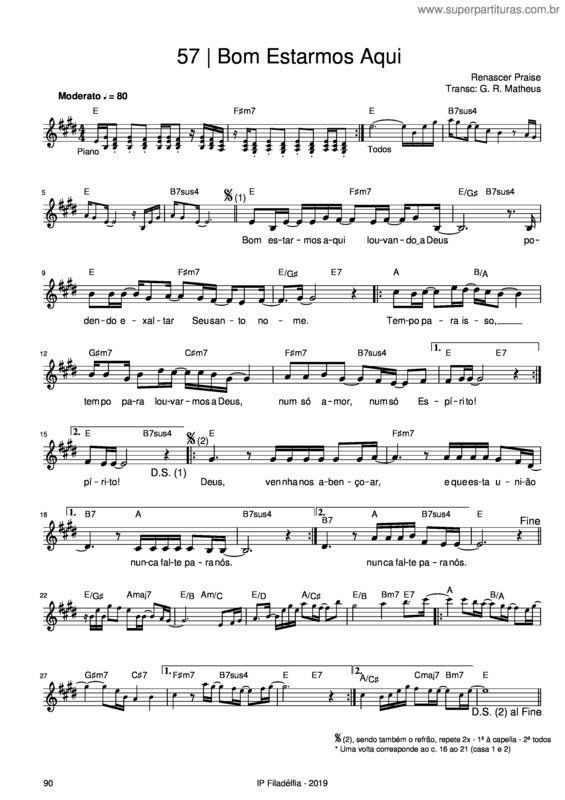 Partitura da música Bom Estarmos Aqui – Renascer Praise
