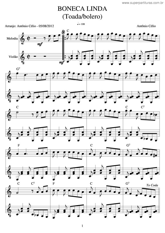 Partitura da música Boneca Linda