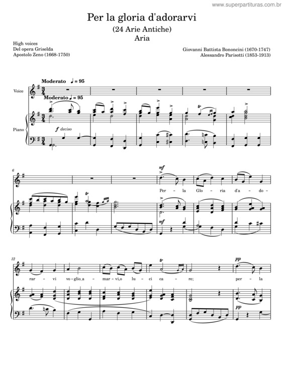 Partitura da música Bononcini – Per La Gloria D´Adorarvi – High Voice – Solm